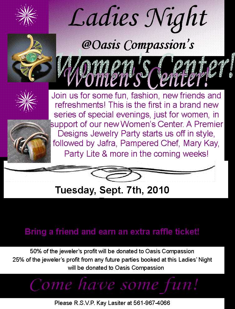 August, 2010 – Oasis Women’s Center and Jewelry Fundraiser on Sept. 7th